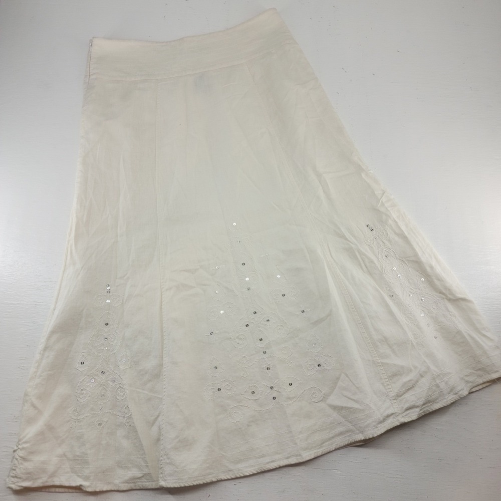 Hillard & Hanson Women Ivory Linen Blend Embroidered Sequin Midi Skirt 12 - Picture 2 of 7